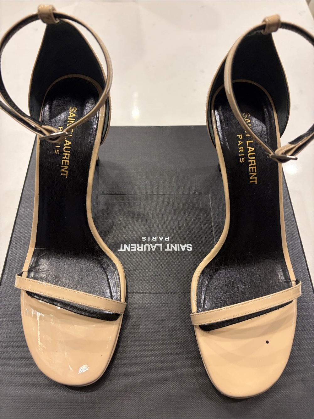 Saint Laurent Nude-Powder Patent Leather Ankle-Strap Heels